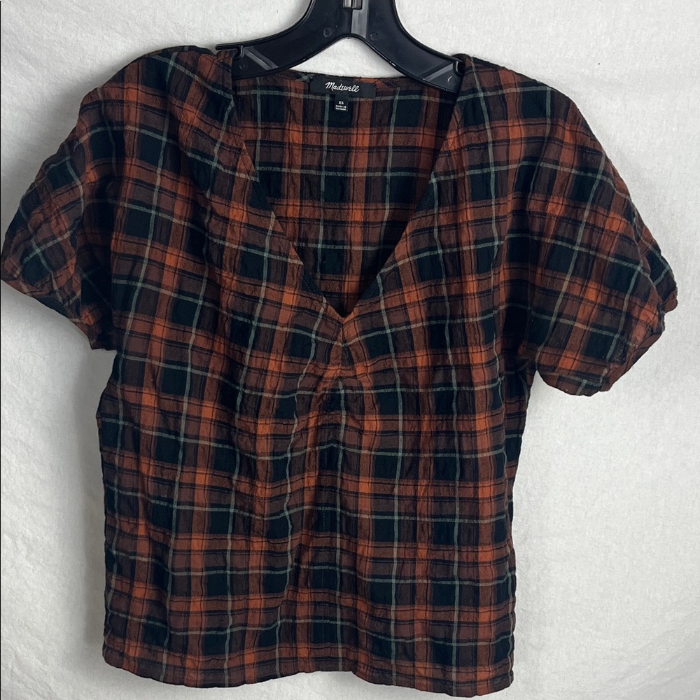 Madewell Plaid V-Neck Top xs